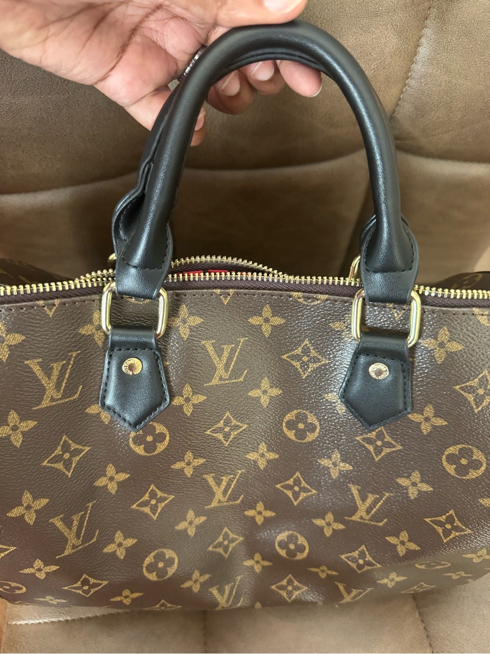 Brown Monogram Canvas Satchel Bag - Brown & Black - Picture 5 of 5